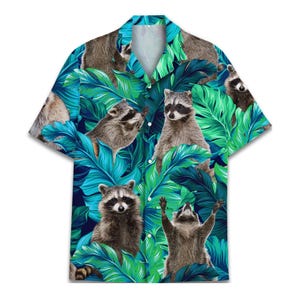 Racoon Tropical Hawaiian Shirt for Men, Vintage Aloha Button Down Shirt, Racoon Short Sleeve Shirt for Men