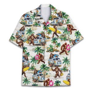 Camisa hawaiana divertida de Bigfoot surfeando - Camisa de botones para playa de verano