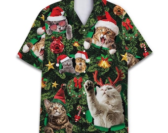 Funny Christmas Cat Hawaiian Shirt, Novelty Aloha Shirt