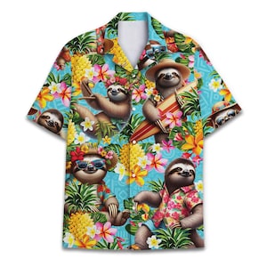 Pineapple Sloth Funny Tropical Hawaiian Shirt Aloha Summer Button Down Short Sleeve Casual Shirt