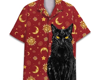 Black Cat Hawaiian Shirt, Mens Button Down, Day and Night Design
