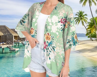 Tropical Floral Kimono Cover Up – Lightweight Beach Wrap for Women, Summer Vacation Outfit