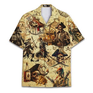 Retro Yellow Skull Pirate Hawaiian Shirt For Men Vintage Shirt Mens Hawaiian Shirts Short Sleeve Button Down Shirt Men