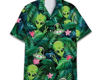 Funny Alien Hawaiian Shirt, UFO Print, Short Sleeve Button Down