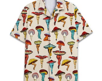 Hawaiiaans shirt met paddenstoel, print grappige nieuwigheid, button-down heren