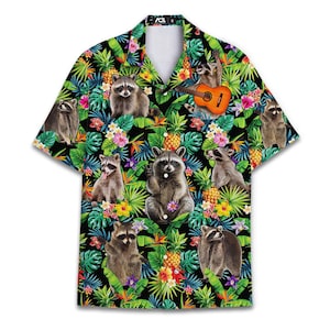 Funny Tropical Pineapple Raccoon Hawaiian Shirts For Men Aloha Racoon Mens Hawaiian Shirts Short Sleeve Button Down Shirt Men