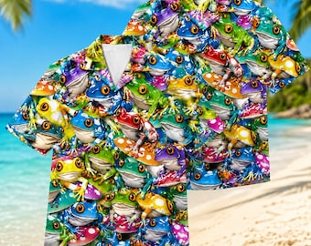 Hawajska koszula z tęczową żabą, kolorowy tropikalny strój plażowy Aloha