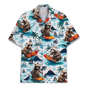 Raccoon Men&#39;s Hawaiian Shirts Button Down Short Sleeve Shirt Funny Raccoon  Surfing Tropical Riding Waves Hawaii Shirt