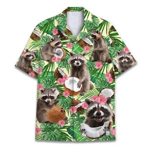 Funny Racoon Coconut Hawaiian Shirt, Aloha Summer Tropical Short Sleeve Button Down Shirt for Men, Women