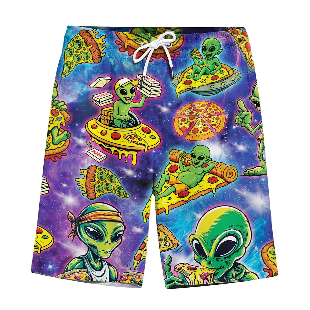 Pizza Planet Alien Hawaiian Shorts: Galaxy Beach Vacation Swim