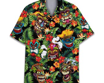 Mens Tiki Tropical Hawaiian Shirt, Funny Tiki Aloha Hawaiian Shirts for Men, Tiki Button Down Hawaiian Shirt