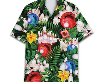 Retro Bowling Hawaiian Shirt: Tropical Aloha Print, Short Sleeve Button-Down