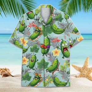 Funny Pickle Hawaiian Shirt, Tropical Aloha Beach Vacation Button Up