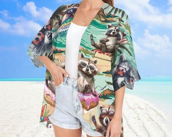Kimono de gasa con estampado de mapache para mujer, pareo tropical para la playa, traje de baño