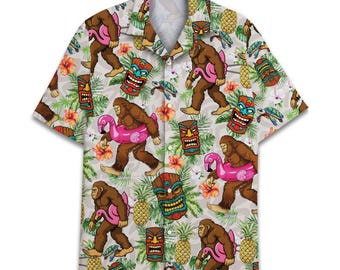 Bigfoot Flamingo Hawaiiskjorta: Tropisk Sasquatch Aloha Button-Down