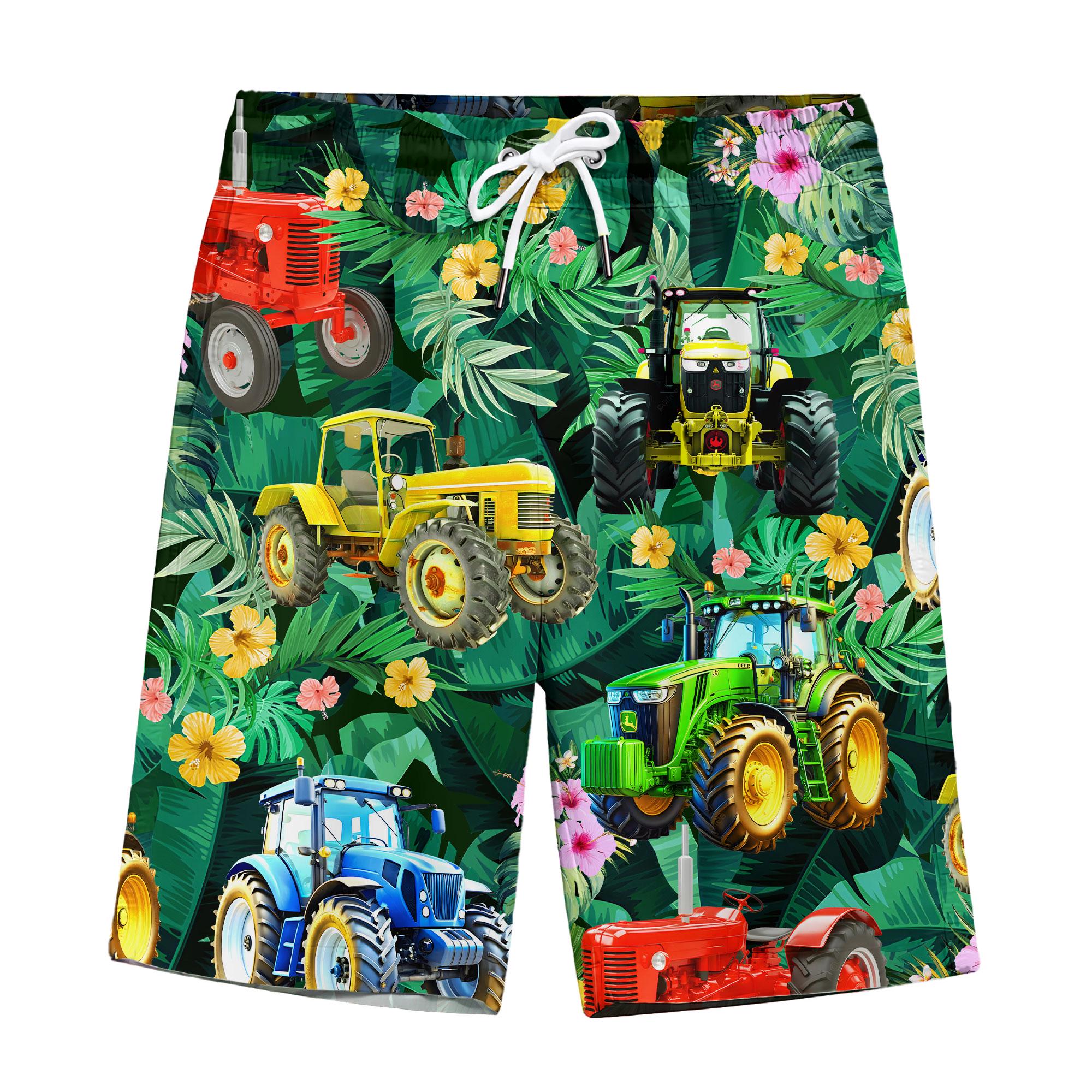 Men's Tractor Tropical Swim Trunks, Hawaiian Farm Beach Shorts