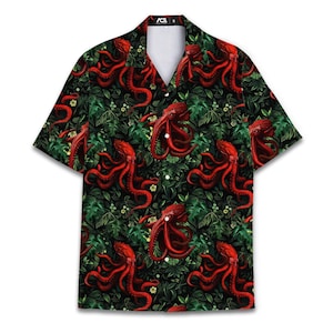Red Octopus Hawaiian Shirt For Men Vintage Aloha Summer Tropical Mens Hawaiian Shirts Short Sleeve Button Down Shirt Men