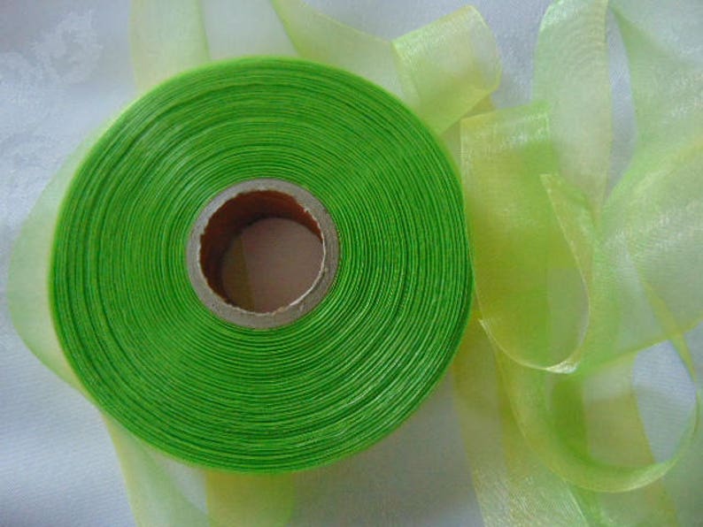 full roll of 100 yards lemongreen organza ribbon 22mm wide cards sewing wedding hair = only 16p per yard