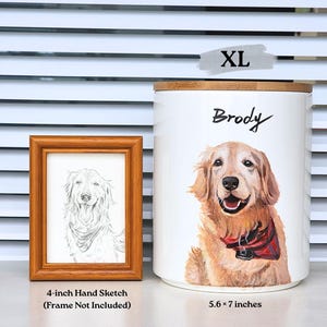 xl size hand painted pet portrait urn and 4 inches hand sketch
