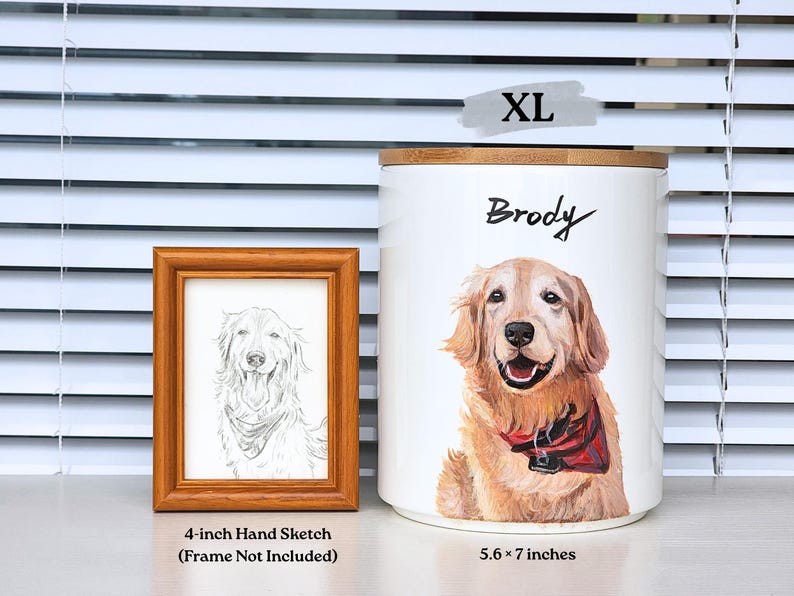 xl size hand painted pet portrait urn and 4 inches hand sketch