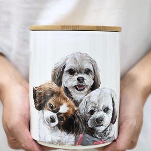 Hand-painted ceramic pet memorial urn, custom realistic portrait