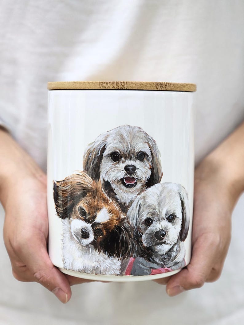 Hand-painted ceramic pet memorial urn, custom realistic portrait