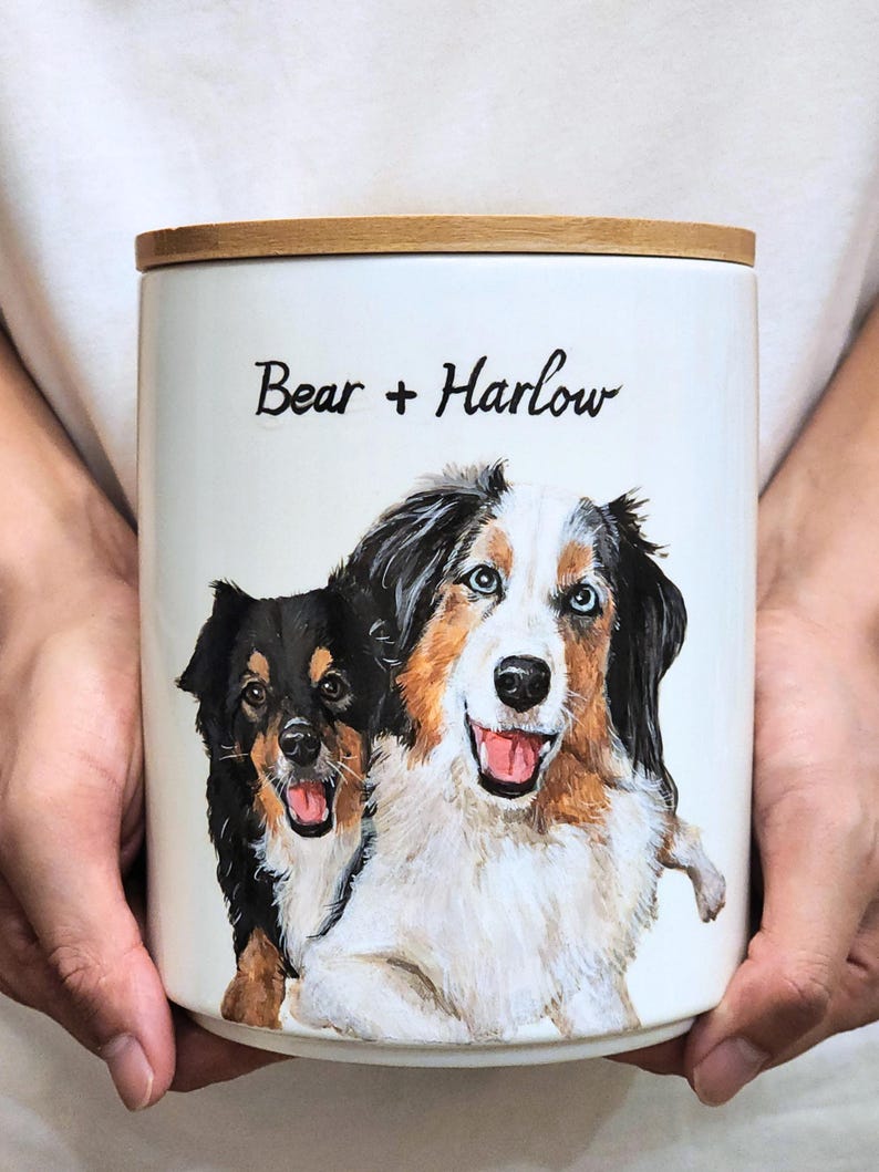 Hand-painted ceramic pet memorial urn, custom realistic portrait