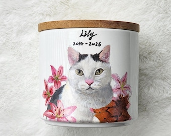 Urna con retrato de mascota 100 % pintada a mano, recuerdo conmemorativo de cerámica personalizado para perro o gato a partir de una foto.