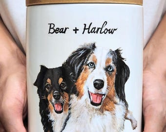 Hand-Painted Pet Portrait Urn: Custom Ceramic Dog/Cat  Loss Memorial with Wood Lid, resting place