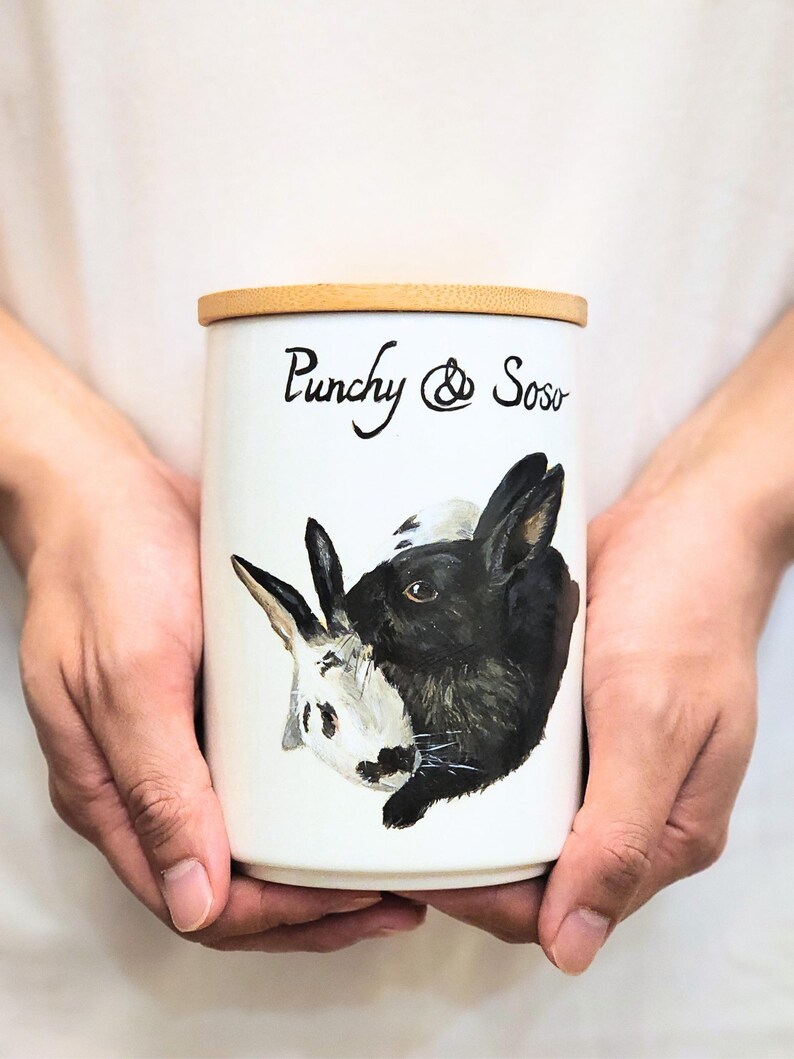 Hand-painted ceramic pet memorial urn, custom realistic portrait