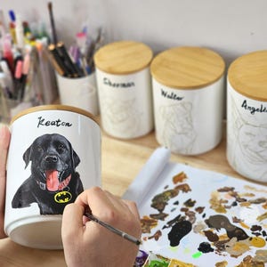 Hand-painted ceramic pet memorial urn, custom realistic portrait