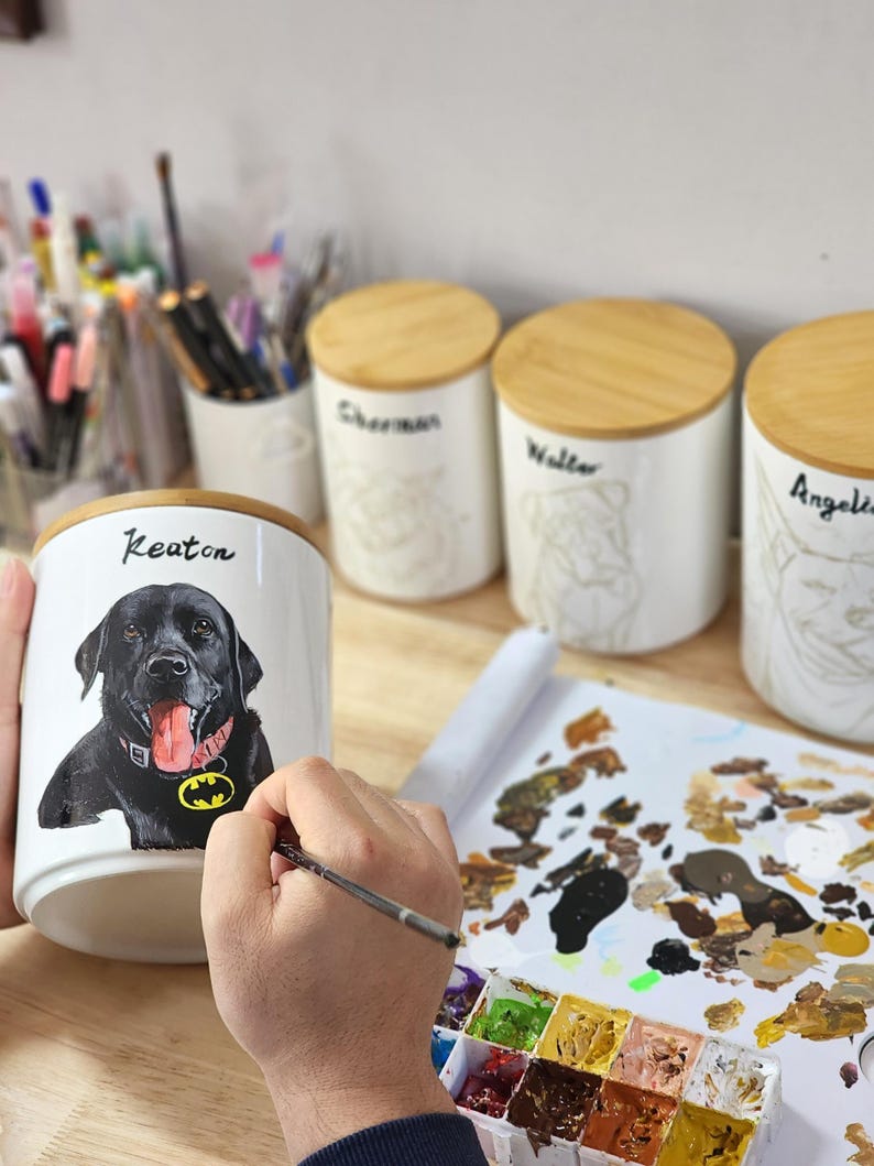 Hand-painted ceramic pet memorial urn, custom realistic portrait