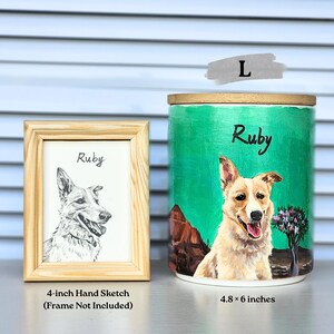 l size hand painted pet portrait urn and 4 inches hand sketch
