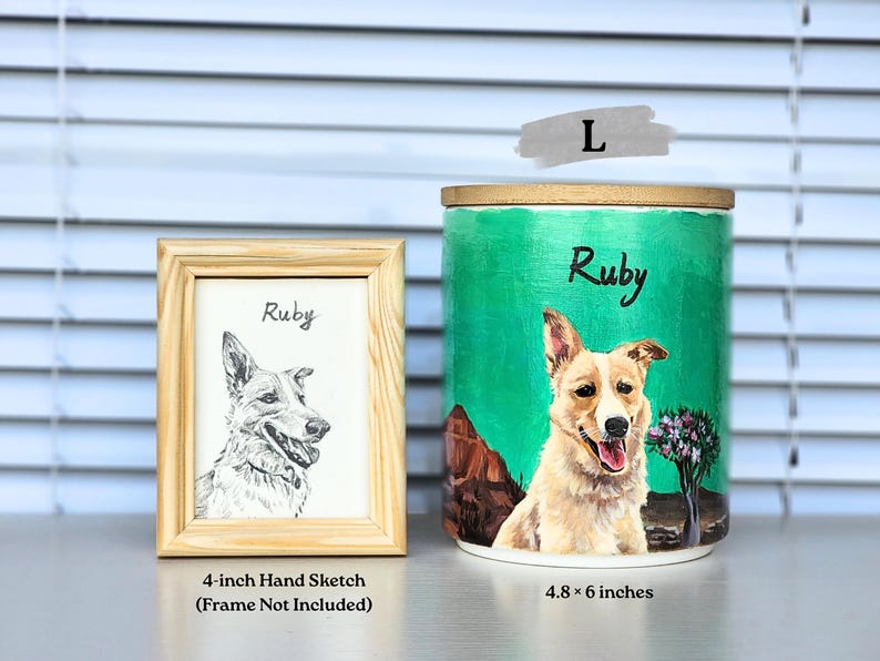 l size hand painted pet portrait urn and 4 inches hand sketch