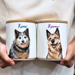 Hand-painted ceramic pet memorial urn, custom realistic portrait