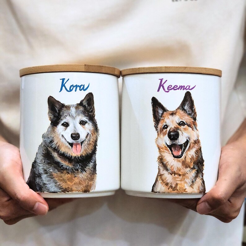 Hand-painted ceramic pet memorial urn, custom realistic portrait