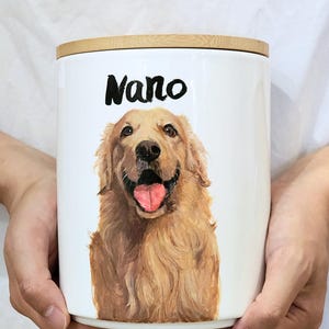Hand-painted ceramic pet memorial urn, custom realistic portrait