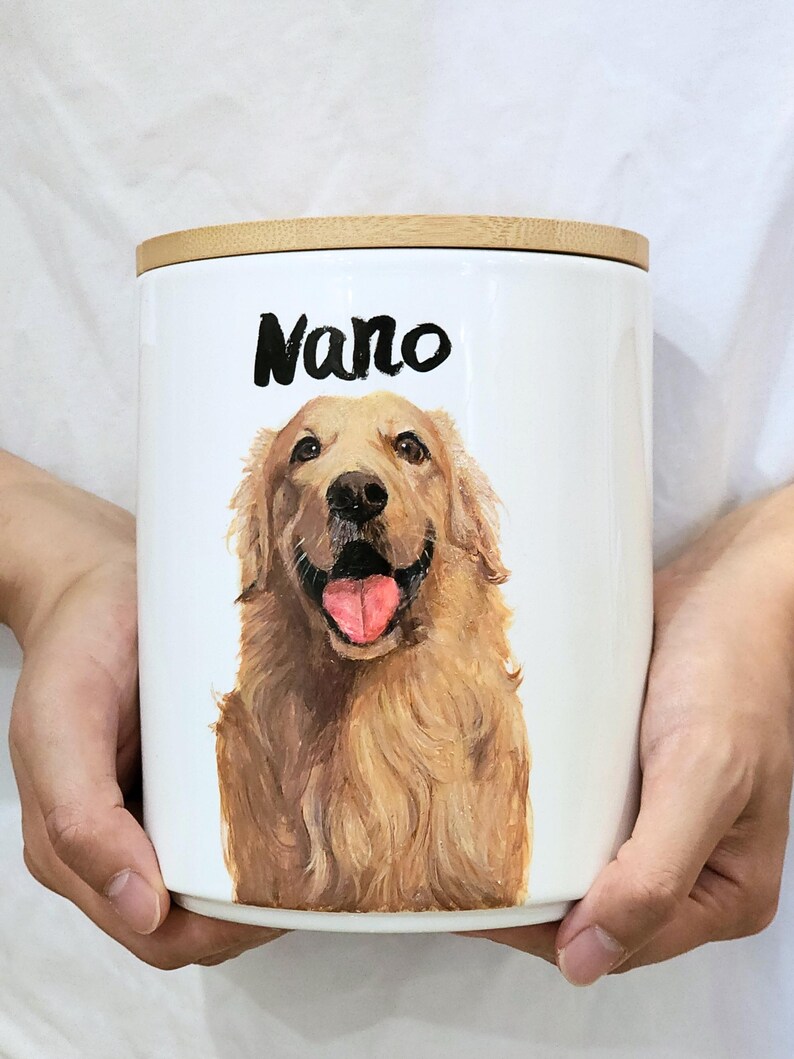 Hand-painted ceramic pet memorial urn, custom realistic portrait
