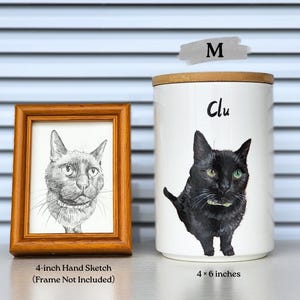 m size hand painted pet portrait urn and 4 inches hand sketch