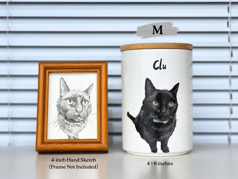 m size hand painted pet portrait urn and 4 inches hand sketch