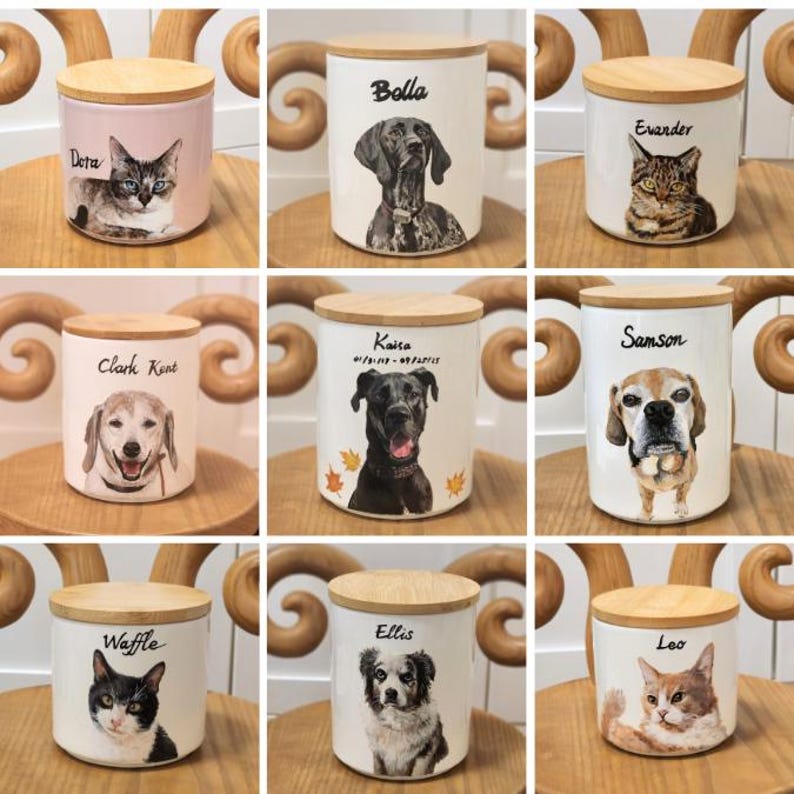 Hand-painted ceramic pet memorial urn, custom realistic portrait