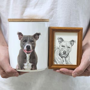 Hand-painted ceramic pet memorial urn, custom realistic portrait