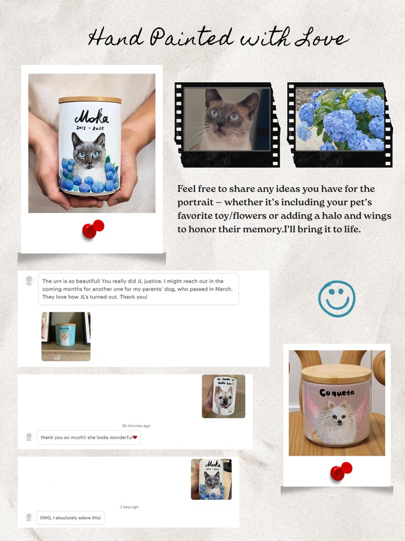 Hand-painted ceramic pet memorial urn, custom realistic portrait