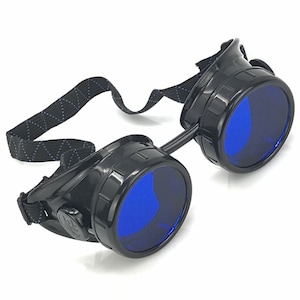 May include: Black steampunk goggles with blue lenses and an adjustable elastic strap.
