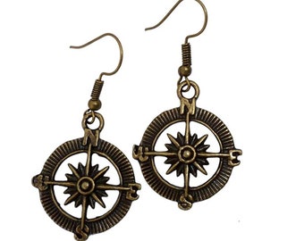 Steampunk costume Victorian Compass nautical pirate pendant charm dangle earrings jewelry