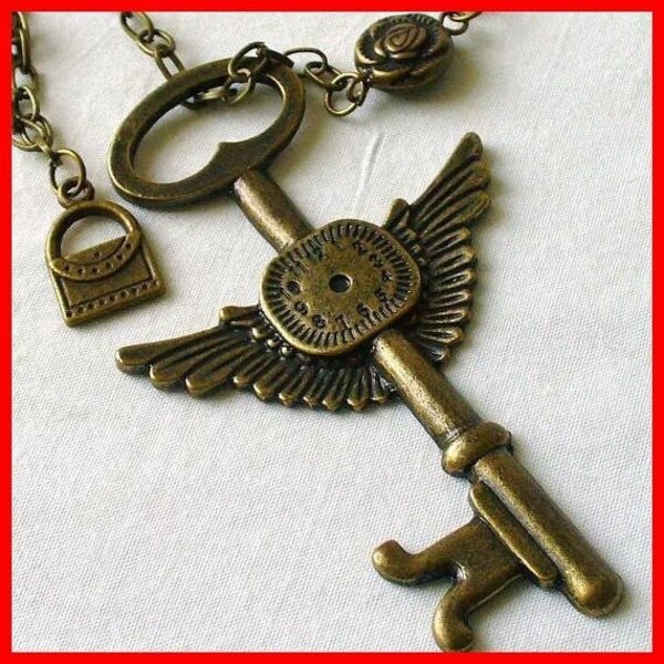 Steampunk Victorian Skeleton Key Necklace gothic Vintage Brass Style---GREAT GIFT