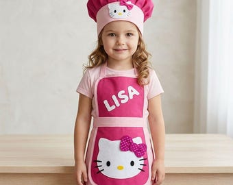 Personalized Hello Kitty Kids Chef Set - Custom Name Toddler Apron & Hat - Pink Kitchen Gift for Girls - First Birthday Outfit