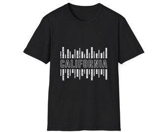 Urban California Rhythm: Black and White Cityscape, Stylized Skyline Design, Minimalist Typography Art, Gritty Distressed Texture