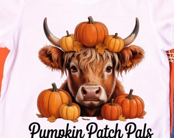 Highland Cow with Pumpkins | Fall Farmhouse PNG | Autumn Sublimation Design