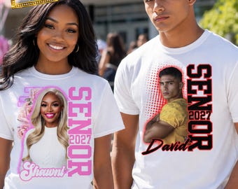 May include: Two white t-shirts featuring custom senior class graphics. The left shirt displays a blonde person, pink floral accents, the text 'SENIOR 2027' and 'Shawni'. The right shirt shows a person in a yellow shirt, the text 'SENIOR 2027' and 'David'.